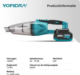 Yofidra Accu Steelstofzuiger - Draadloze Stofzuiger - 12000 Pa zuigkracht - met 2x Accu's - voor dierenharen, tapijt, harde vloeren — thumbnail 2
