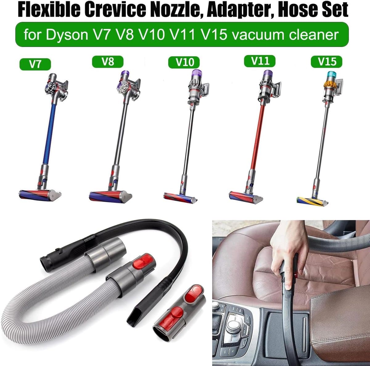 Dailygoods - Flexibel spleetmondstuk - Adapter en slang voor Dyson - Grijs - Stofzuiger accessoires - Hoogwaardige kwaliteit - Geschikt voor V7 V8 V10... — afbeelding 1