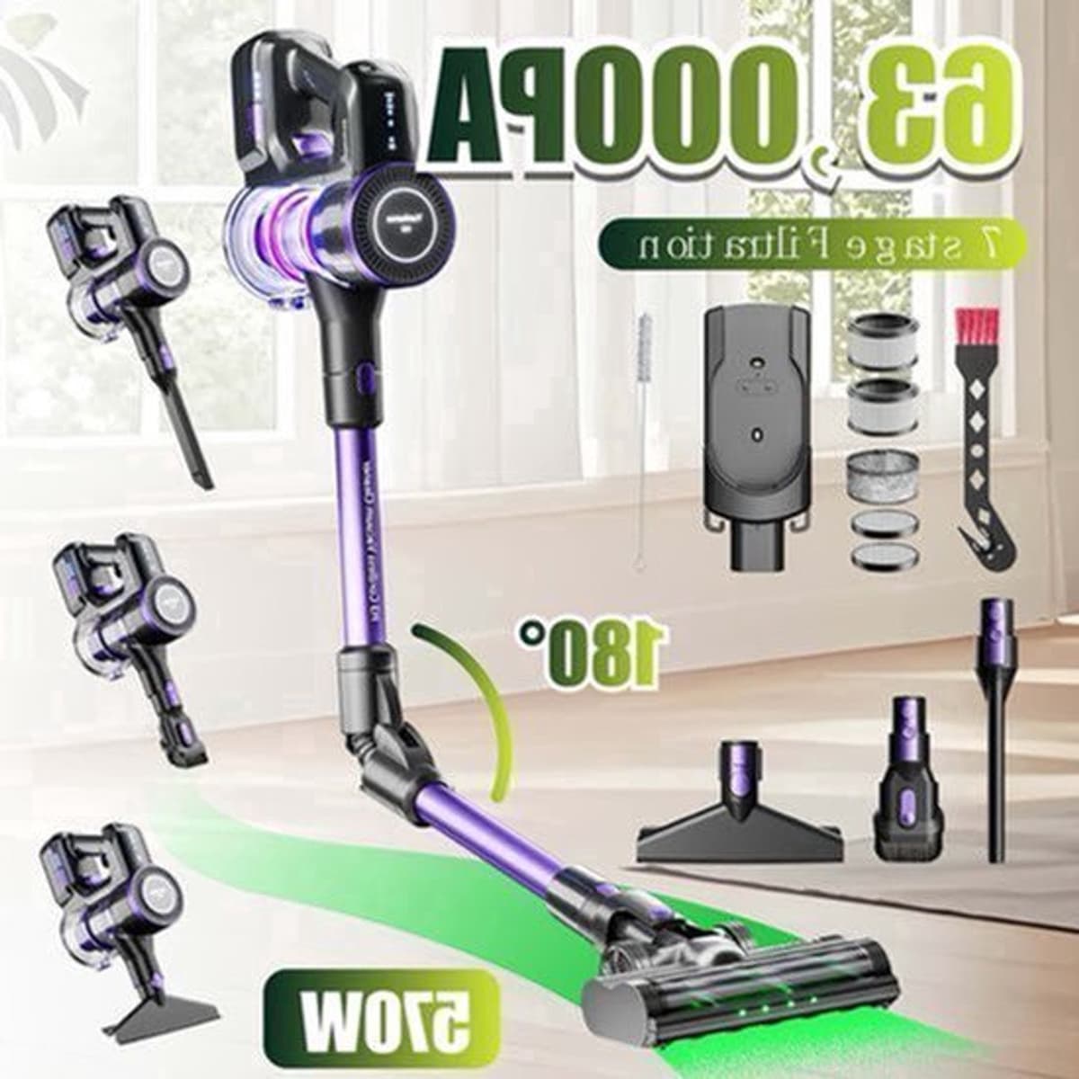 Yanhama H3 Wireless Vacuum Cleaner, Handheld Vacuum Cleaner, 7-level Filtration System, 180° Flexible Steering, Compatible with Multiple Accessories for Various Scenarios. Deep Cleaning Of Household, Pet Hair, Sofa And Floor — afbeelding 1