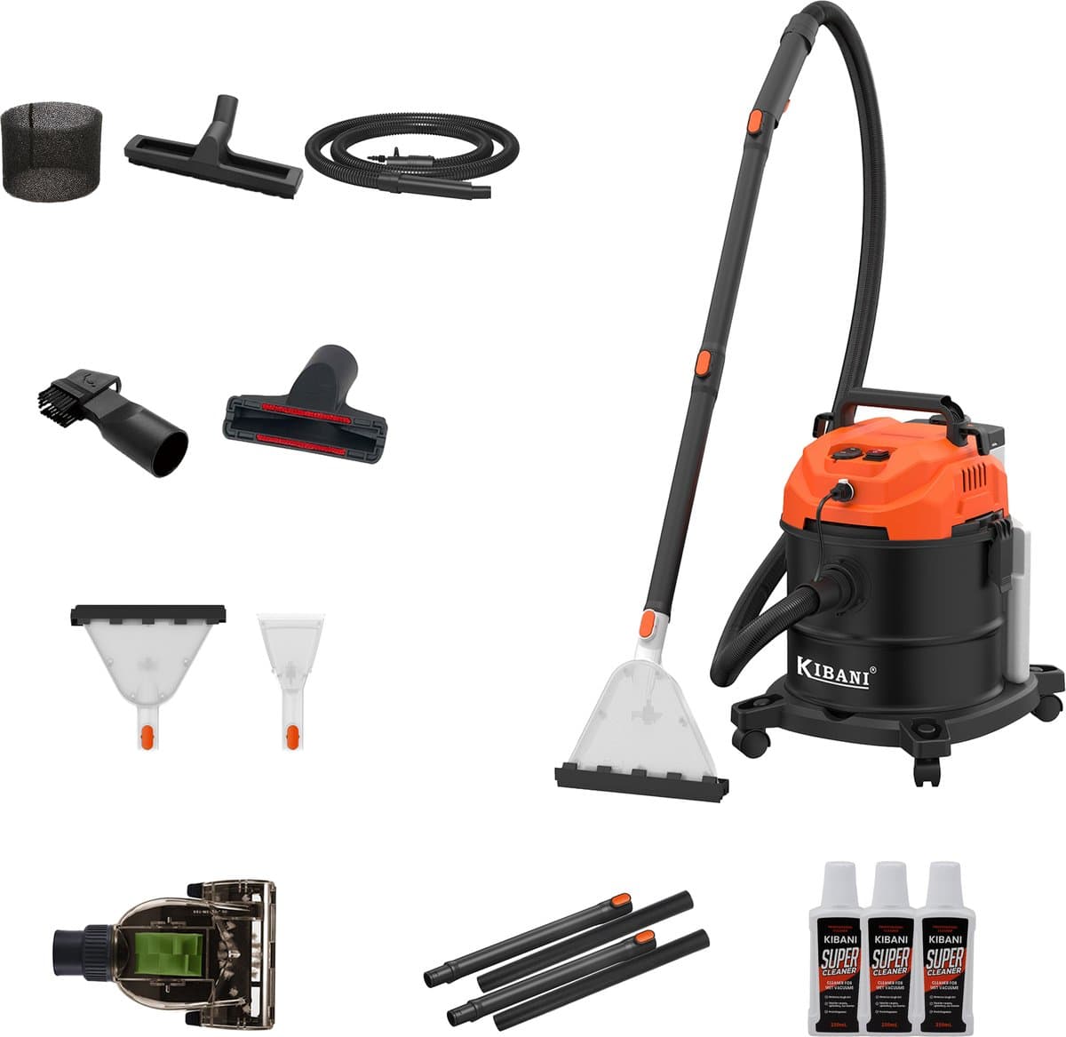 Kibani Nat/ Droogzuiger - Inclusief 3 flessen Reinigingsmiddel - Alleszuiger met Accessoires - met Sproeifunctie - 1600W - Tapijtreiniger - Inclusief Opzetstukken — afbeelding 1