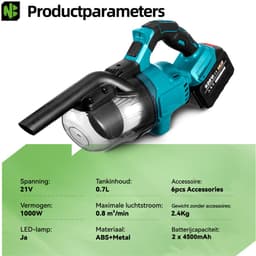 NewBeny Accu Steelstofzuiger - Stofzuiger Draadloos - met 2x Accu’s - 0.7L Stofbak - Voor Huisdieren/Vloeren/Carpets/Auto — thumbnail 4