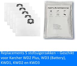 Replacements® 5x Stofzuigerzakken geschikt voor Karcher WD2 Plus, WD3 (Battery), KWD1, KWD2, KWD3, WD3.200 - WD3.800 M — thumbnail 1