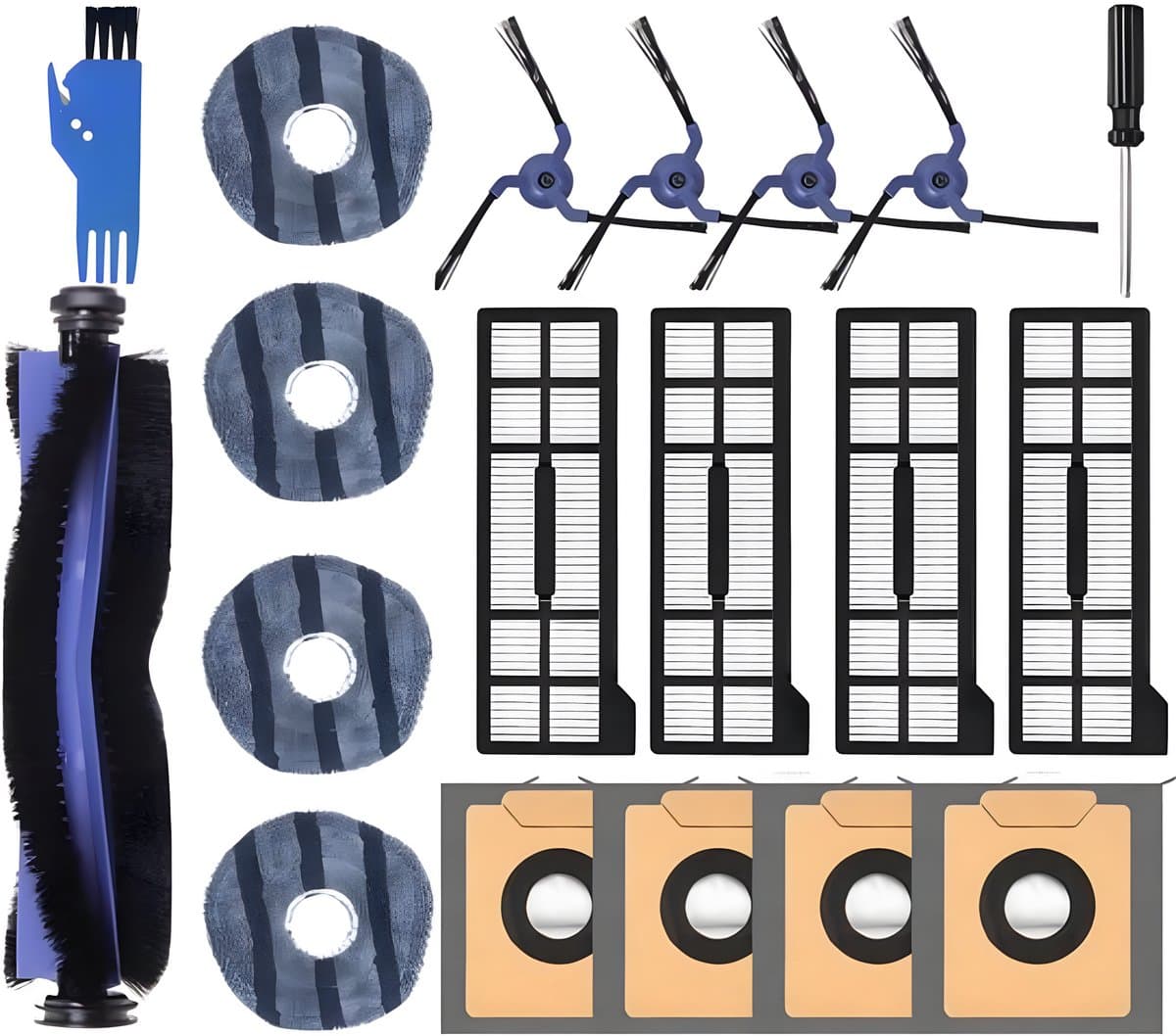 PolkaHome® 19-delige reserveonderdelen, onderdelen, accessoires geschikt voor Eufy X10 Pro Omni stofzuigerrobot 4 stofzakken, 4 wasbare dweildoeken, 4 zijborstels, 4 HEPA-filters, 1 hoofdborstel, 1 schroevendraaier, 1 2-in-1 schoonmaaktool met mesje — afbeelding 1