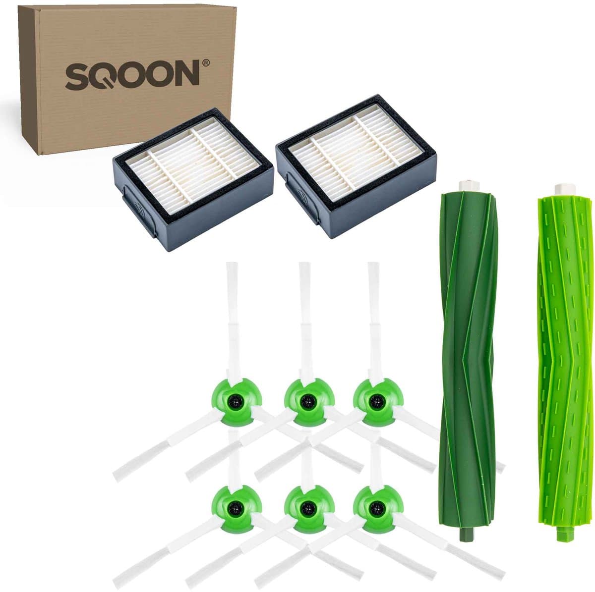 SQOON® vervangingsset geschikt voor iRobot Roomba E, i en j serie - 9-delige onderhoudskit met HEPA filters, zijborstels en borstelrol voor optimaal robotstofzuigeronderhoud — afbeelding 1