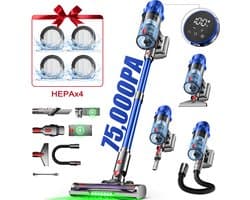 Hiaonyx steelstofzuiger - 9-in-1 steelstofzuiger draadloos - 75000pa - Met dierenborstel - LED Groene Stofdetectielamp - Dierenharen - Geschikt voor Tapijten - Harde Vloeren en Dierenharen - 2-liter stofopvangbox - Blauw