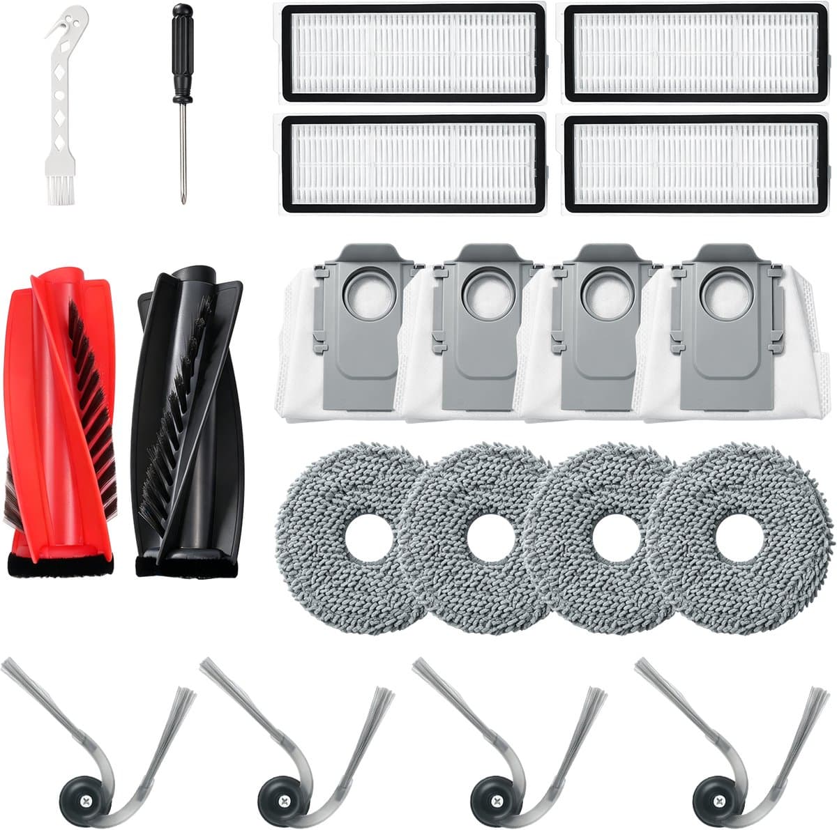 18 Accessoireset voor Roborock Qrevo Curv/Edge/S5V/Curv S5X/Edge S5A van MMOBIEL – 2 Hoofdborstels, 4 Zijborstels, 4 HEPA-filters, 4 Dweilpads & 4 Stofzakken — afbeelding 1