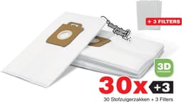 30x Stofzuigerzakken geschikt voor Nilfisk King / Extreme + 3 Filters - Duurzaam Karton Zonder Plastic - 3D Stofzakken + 3 Hygiëne filters - Premium kwaliteit - Multi lagen - Anti Allergie - Geschikt voor o.a. King, Extreme, Power en Elite Series — thumbnail 1