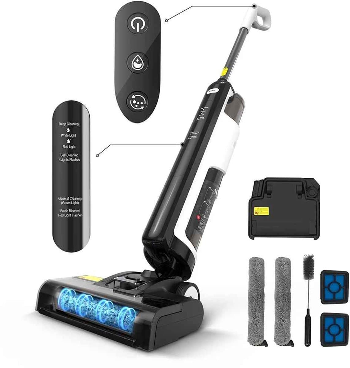 De Warenloods - Draadloze Nat Droog Stofzuiger - Alleszuiger - Vloerreiniger- Vacuüm Cleaner - Met Dweilfunctie - Zonder Zak - Wireless - Werktijd 45 minuten - Smart LED Display — afbeelding 1