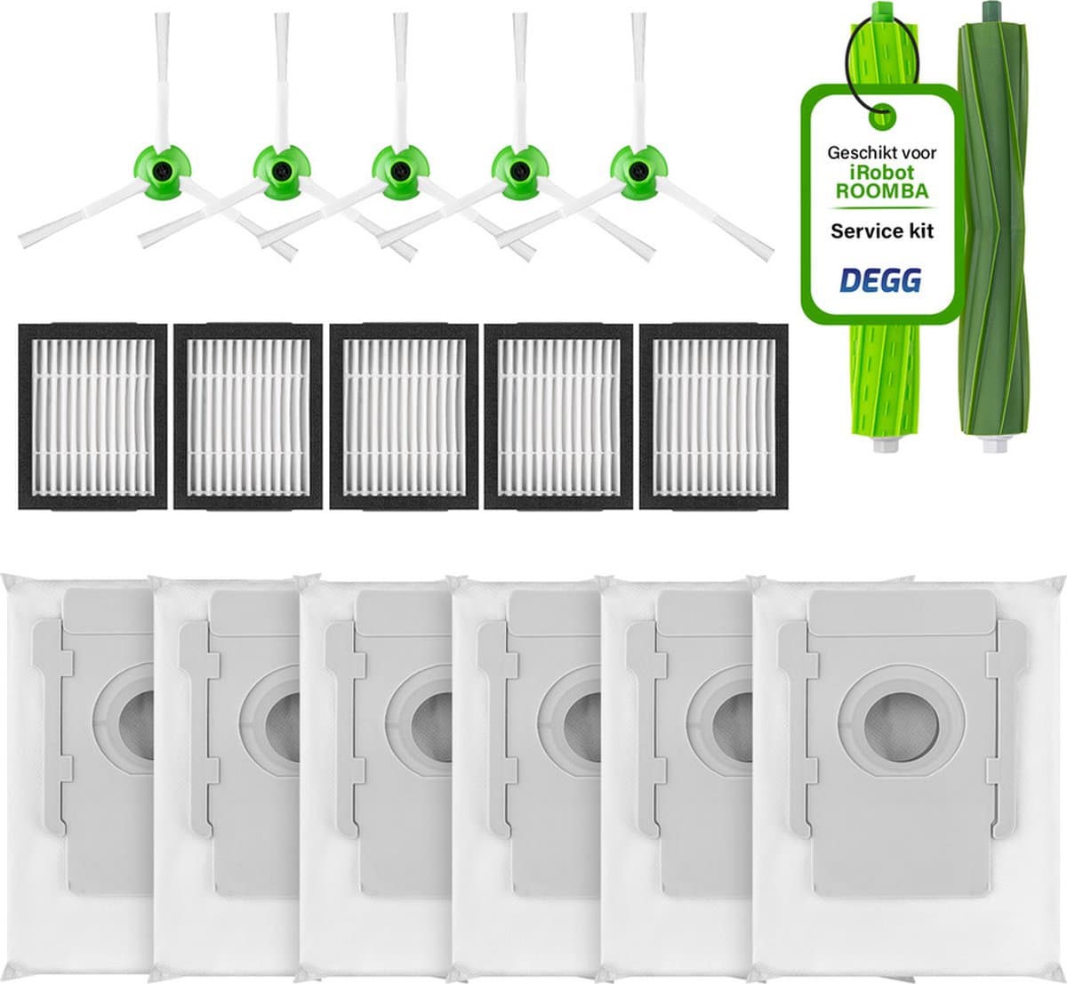DEGG® - Onderhoudspakket XXL - Geschikt voor iRobot Roomba - 6x Stofzuigerzakken - 5x Hepa filter - 5x Zijborstel - 2x Roller - Geschikt voor iRobot Roomba Onderdelen - i7 i7+ i3 i3+ i4 i4+ i5 i5+ i6 i6+ i8 i8+ E5 E6 E7 — afbeelding 1