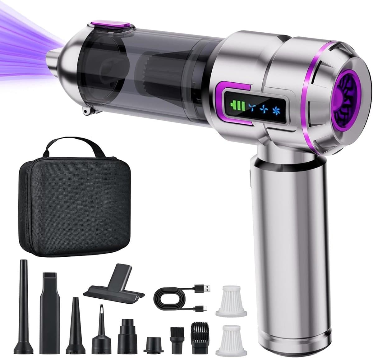 REDOM Stofzuiger met krachtige zuigkracht 16.000 Pa – Draadloze handstofzuiger – 3 standen – Zuigen, blazen, opblazen en leeglopen – LED-display – Auto en huis – Zilverpaars — afbeelding 1