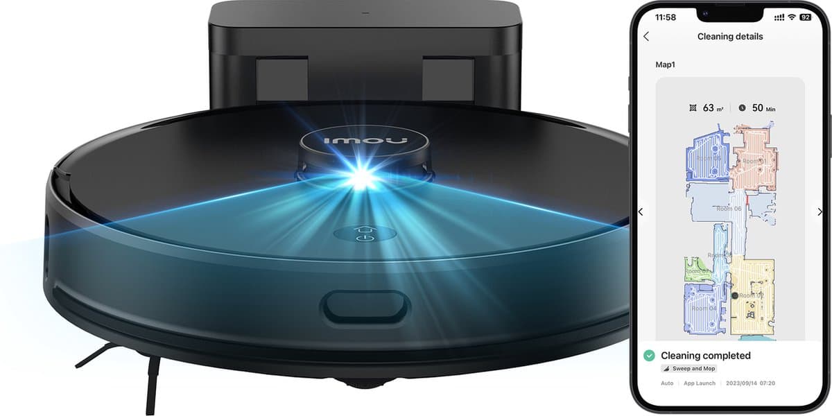 Imou RV1 - Robotstofzuiger met dweilfunctie - Razendsnelle inkaartbrenging door LIDAR sensor - Opslag Plattegrond Van 3 Verdiepingen - Automatische lediging - Auto boost-functie tapijt - 4500 Pa zuigkracht - 110 minuten aaneengesloten reinigen — afbeelding 1