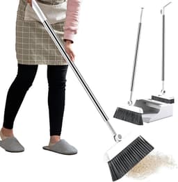 Bezem en stoffer - Reinigingsset huis - Vloeren schoonmaken - Lange steel geen buiging - 3 stuks - Grijs — thumbnail 5