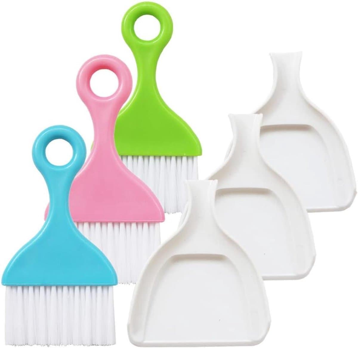 Stoffer en blik set - Mini bezem - Bureau schoonmaken - Compact ontwerp - 3 stuks - Blauw roze groen — afbeelding 1