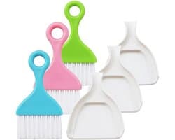 Stoffer en blik set - Mini bezem - Bureau schoonmaken - Compact ontwerp - 3 stuks - Blauw roze groen