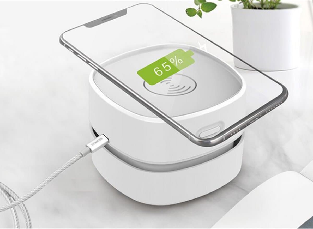 Bureau Stofzuiger - Mini Stofzuiger - Tafelstofzuiger - Kruimeldief - Draadloze Oplader - 2 in 1 - USB Oplaadbaar - Draagbare Stofzuiger - Bureau Accessoires - Gadget - Toetsenbord Reiniger - Compact - Telefoonoplader - Wit - 1 Stuk — afbeelding 1