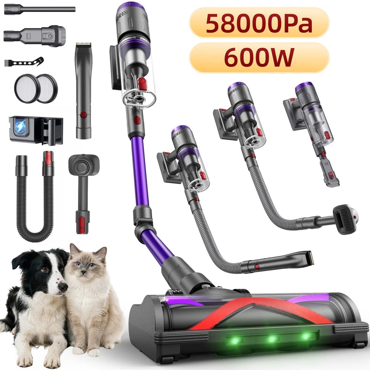 Draadloze Accustofzuiger 58 kPa met Dierenborstel en Haartrimmer – 75 Min Looptijd, LED-display, 6-traps Filtratie, Flexibele Slang, 1,6 L Stofreservoir — afbeelding 1