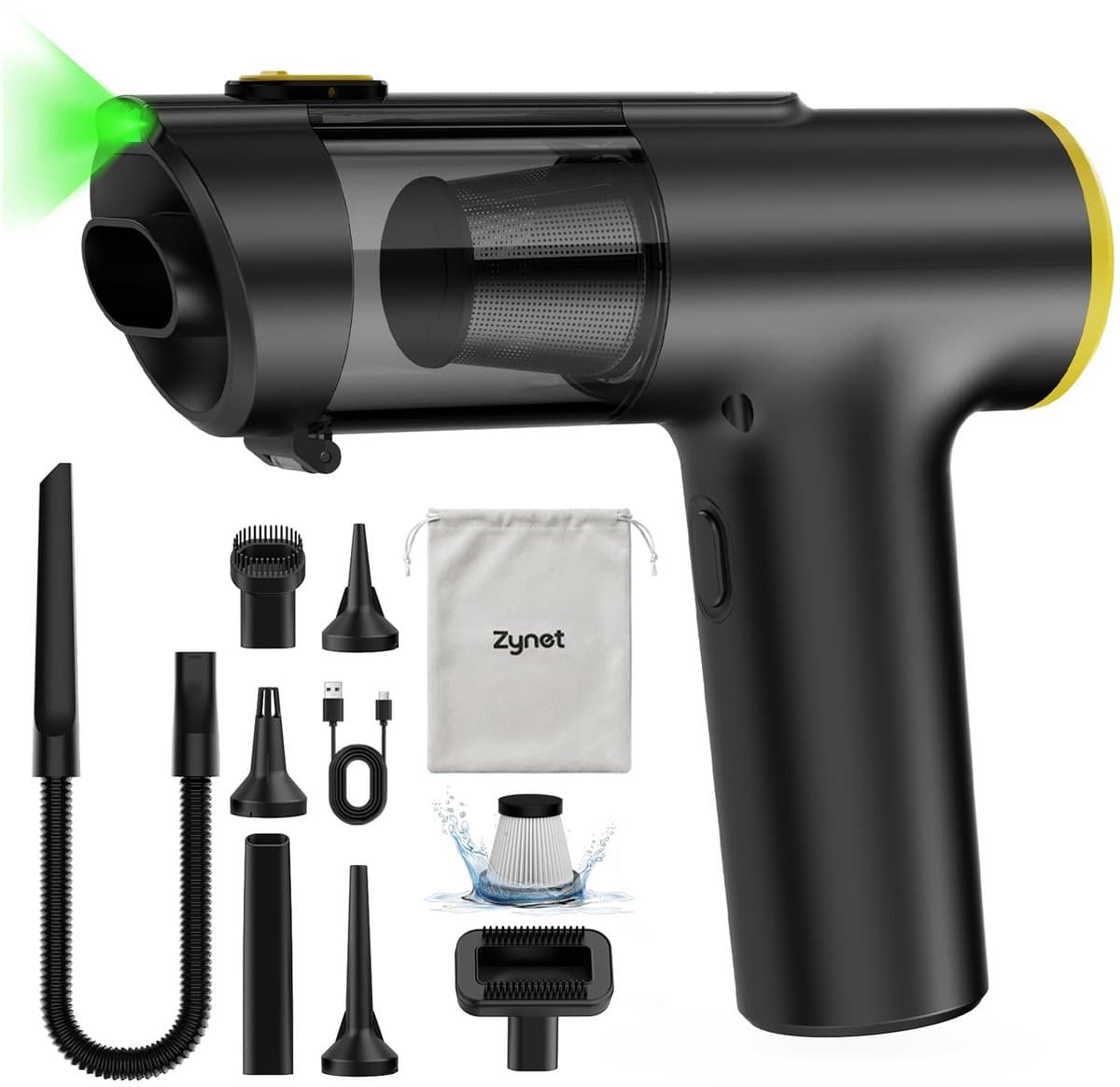 Zynet V5 Draadloze handstofzuiger, 28000 Pa, 7-in-1, draagbare autostofzuiger met zuigen/blazen/opblazen, looptijd van - ShopVlot — afbeelding 1
