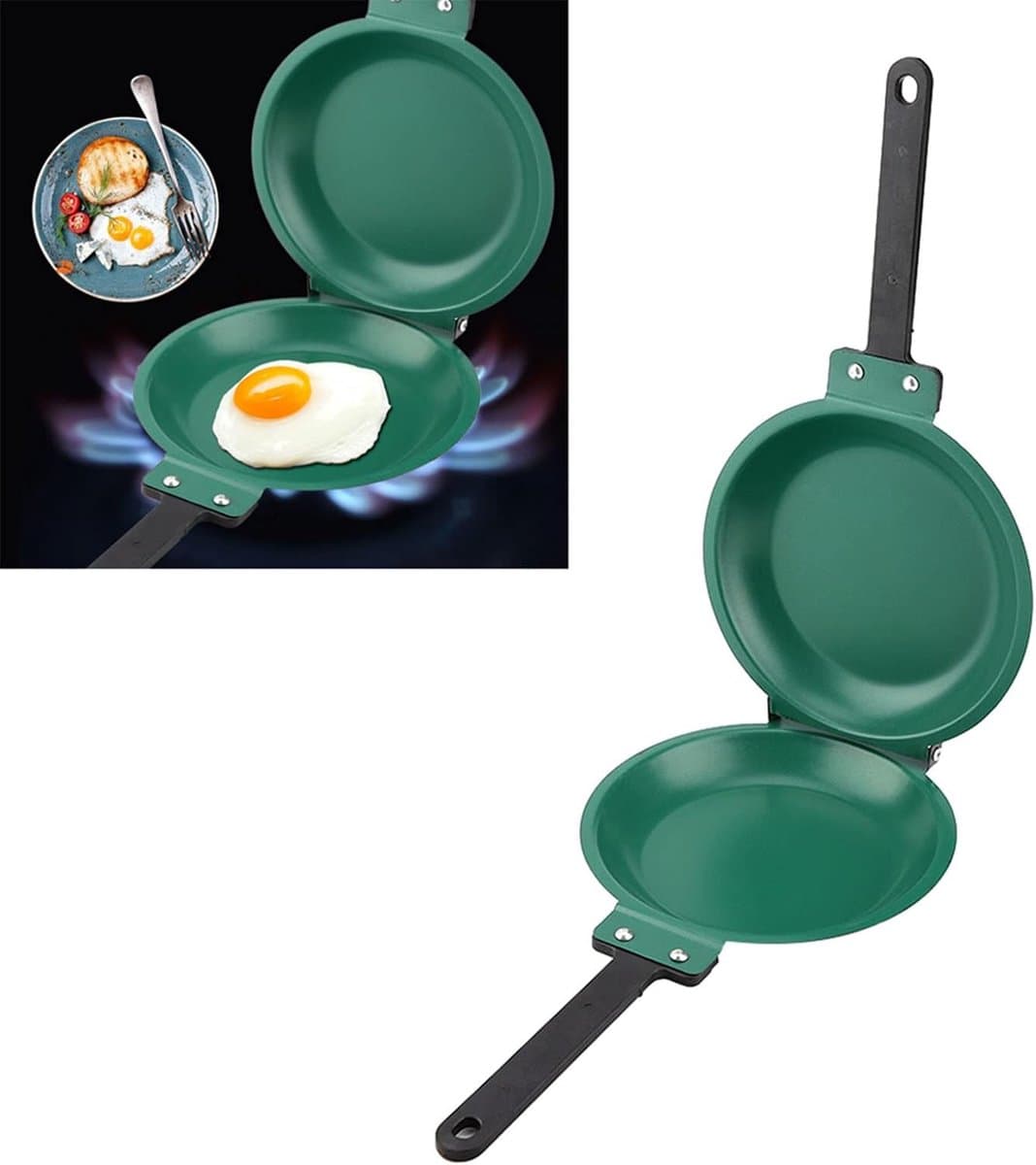 Dubbelzijdige pannenkoekenpan, omeletpan, keukenpan, groen, 19 cm, toastpan met hittebestendig handvat, toastpan voor koken, braden, bakken, grillen — afbeelding 1