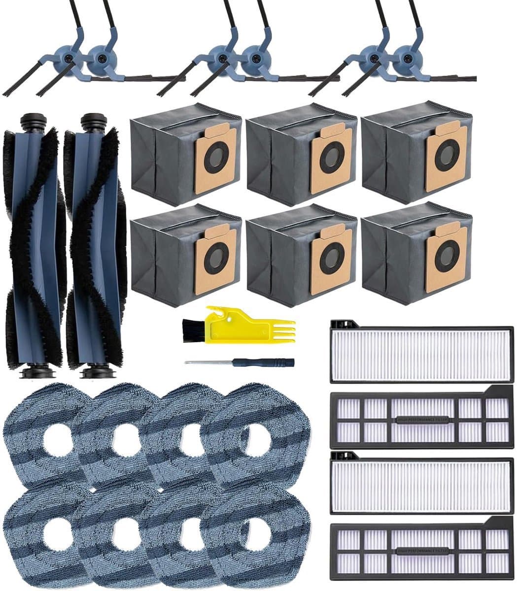 Kraftverdia® - stofzuigeraccessoires - Vervangende accessoires geschikt voor de Eufy X10 Pro Omni robotstofzuiger - 28-delige set - 2 hoofdborstels, 6 zijborstels, 4 HEPA-filters, 6 stofzakken, 8 dweilpads - Stofzuigerzakken — afbeelding 1