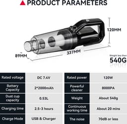 Kruimelzuiger Snoerloos - 8000Pa 120W - Nat & Droog - HEPA Filter - Voor Thuis Auto Kantoor — thumbnail 2