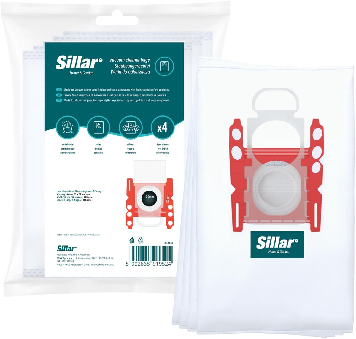Sillar Stofzuigerzakken synthetisch - anti-allergeen - 4 filterlagen - vervanging voor BBZ41FGALL/ 17000940 /17003048 - geschikt voor stofzuigers Bosch GL20 GL30 GL45 Serie 2 4 6 8 Compaxx, Siemens - 4 stuks — afbeelding 1