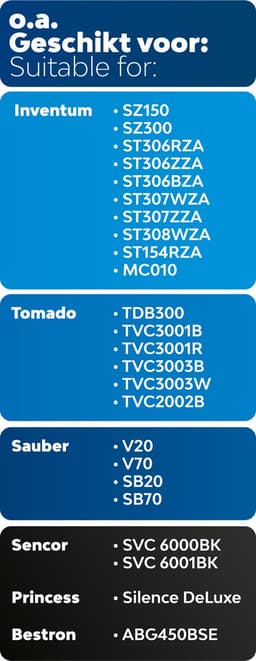 10x Dparts stofzuigerzakken en 1 filter geschikt voor Inventum Tomado Sauber - st306rza sz300 st306bza st306zza st308wza st154rza - Princess Silence Deluxe - tvc3001b tvc3001r tdb300 - V70 V20 - SB70 SB20 - PH95 stofzuigzakken — thumbnail 3
