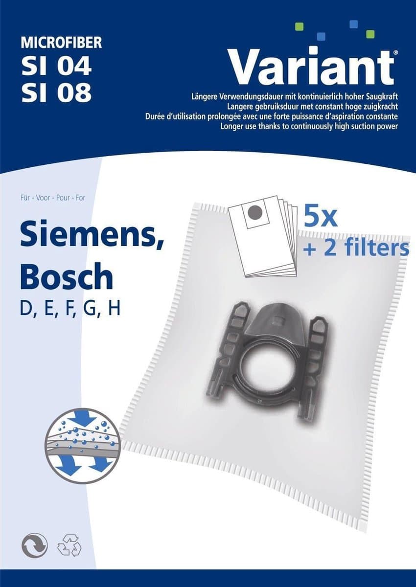 Siemens Bosch Krups D E F G H microfiber stofzuigerzakken 5 stuks + filter — afbeelding 1