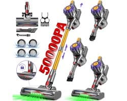 Fukstern Steelstofzuiger Draadloos – 50 kPa Sterke Zuigkracht – Tot 60 Min Accuduur – Anti-haarwikkel Vloerborstel – Inclusief 4 HEPA-filters – 1,6L Stofreservoir – Groene LED Stofdetectieverlichting – Goud