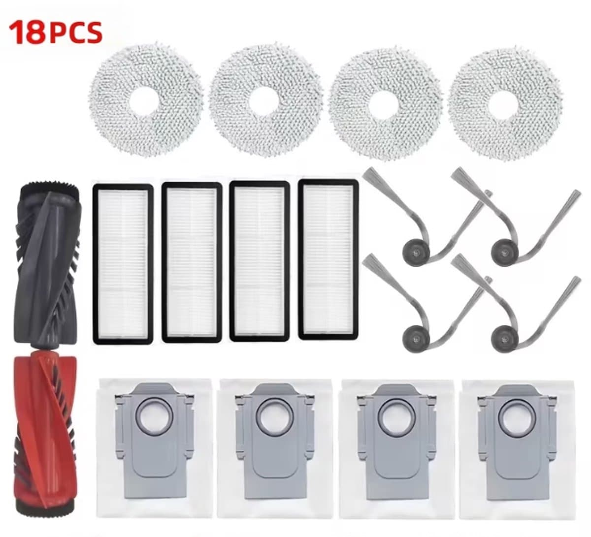 18-delige Accessoireset - Geschikt voor Roborock P20 Pro/Qrevo S5V/Qrevo Curv/Qrevo Edge Robotstofzuiger - 2 Hoofdborstel, 4 Doeken, 4 Filters, 4 Zijborstels, 4 Stofzakken — afbeelding 1