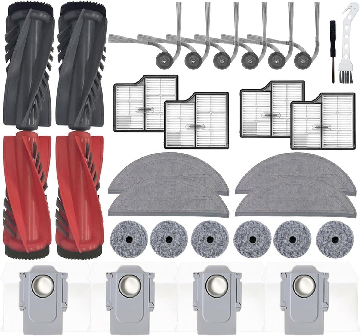 30 stuks -geschikt voor Roborock Saros 10/ G 30 - decoratieve accessoires - accessoireset - 4 hoofdborstels,4 stofzakken, 4 dweilpads,4 HEPA-filters ,6 Randdoek ,6 zijborstels, — afbeelding 1