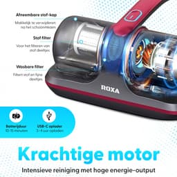 Roxa Huisstofmijt Stofzuiger - UV Lamp Sterilisator - Matras, Tapijt, Meubel, Zetel & Bank Reiniger Apparaat - Kruimeldief snoerloos best verkocht - Bacterie, Mijt & Schimmel Bestrijder - Zonder Zak - USB Opladen - Rood/Grijs - 2025 — thumbnail 5