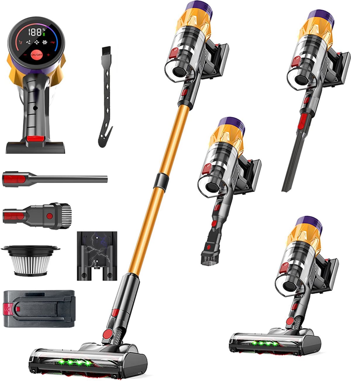 Handstofzuiger – Draadloze stofzuiger voor thuis – 6-in-1 functionaliteit – Met wandlaadstation – Hoog vermogen – Stofzuig- en dweilfunctie – 550W – Goud — afbeelding 1
