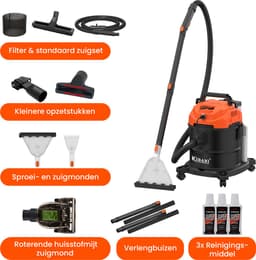Kibani Nat/ Droogzuiger - Inclusief 3 flessen Reinigingsmiddel - Alleszuiger met Accessoires - met Sproeifunctie - 1600W - Tapijtreiniger - Inclusief Opzetstukken — thumbnail 4