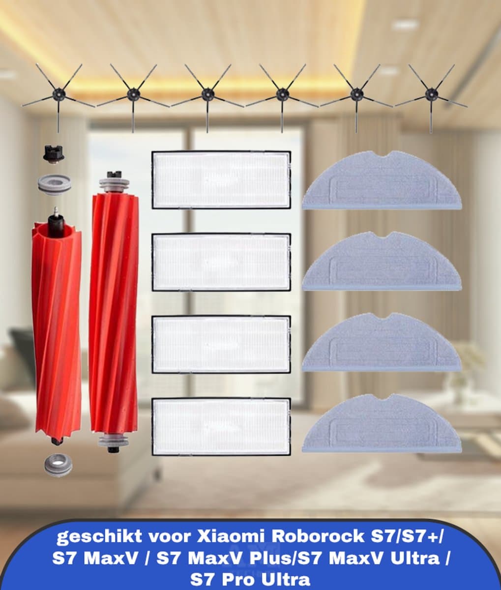 16 stuks accessoireset geschikt voor Xiaomi Roborock S7/S7+/ S7 MaxV / S7 MaxV Plus/S7 MaxV Ultra / S7 Pro Ultra stofzuiger, reserveonderdelen, bevat 2 hoofdborstels, 4 reinigingsdoeken, 4 HEPA-filters, 6 — afbeelding 1