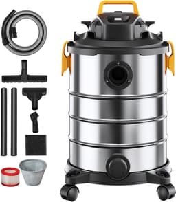 Nat-/droogzuiger voor werkplaatsen, 30 l, 6 pk, roestvrij staal, krachtige zuig- en blaasfunctie, draagbaar met opzetstukken, ideaal voor tapijten en vuil, zilver + zwart — thumbnail 1