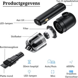 Draadloze Kruimeldief - 6000Pa met LED-Verlichting - 4000 mAh batterijcapaciteit - 180 graden opvouwbaar — thumbnail 2