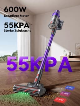 Steelstofzuiger Draadloos - 55 kPa Zuigkracht - 600W Motor - 75 Min Accu - HEPA Filter - Matrasborstel — thumbnail 5