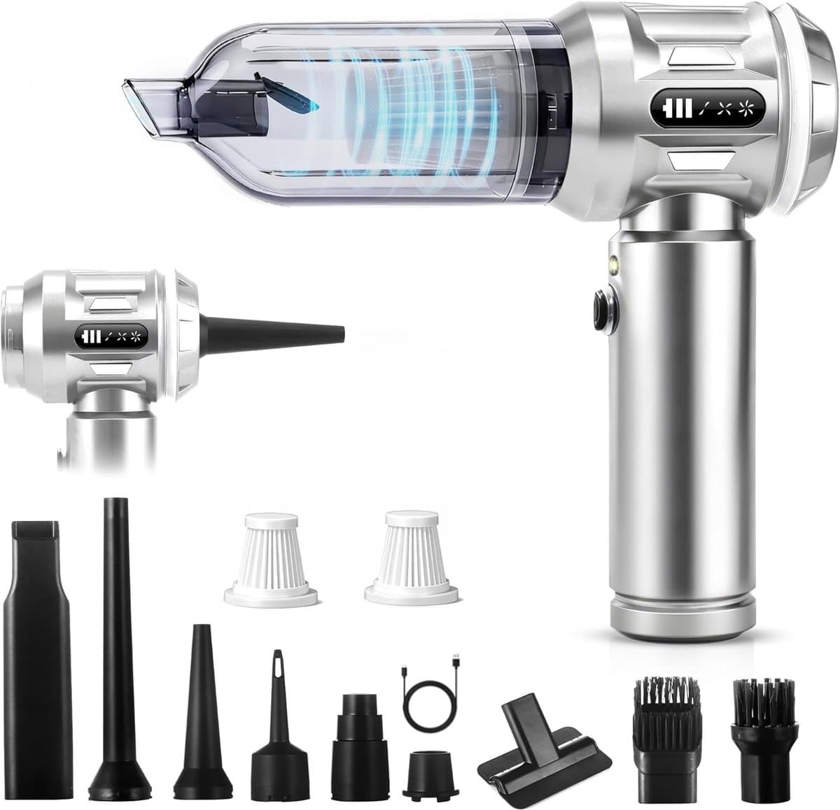 NETTLIFE Kruimeldief Handstofzuiger - 25000Pa Draadloos Oplaadbaar - 4-in-1 Auto Stofzuiger Met Air Duster Blazen - 3 Standen - Draagbaar voor Huishouden & Dierenharen - Zilver — afbeelding 1