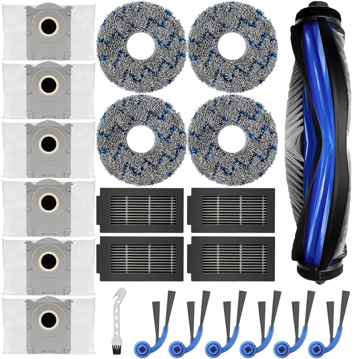 22 stuks accessoires - geschikt voor Ecovacs Deebot T30C Omni - T30C - T50S - N50 robotstofzuiger - 1 hoofdborstel - 4 reinigingsdoeken - 4 filters - 6 stofzakken - 6 zijborstels — afbeelding 1