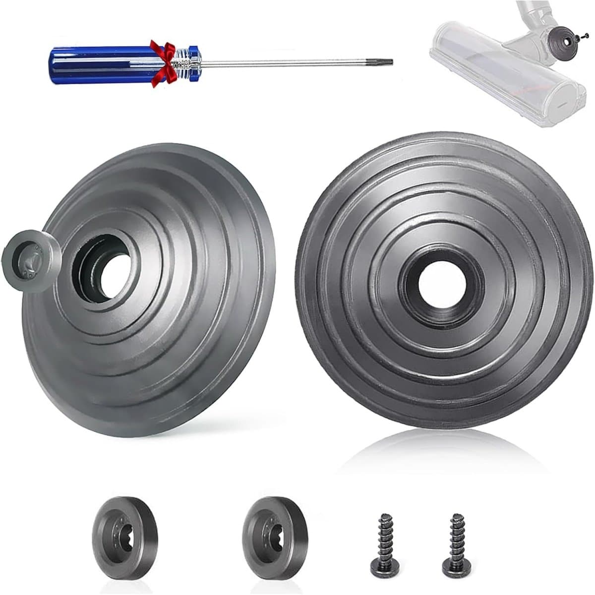 Vervangende V-Ball Wielen voor Dyson V6/V7/V8/V10/V12 & DC58/59/62/72/74 – 2x Wielen + Schroeven & Bevestigingen + Mini Schroevendraaier – Voor Direct Drive Zuigmond — afbeelding 1