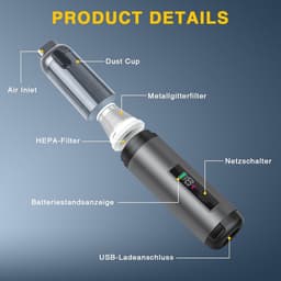 Sander Shop Handstofzuiger, 4-in-1 handstofzuiger accu, 16000 Pa autostofzuiger, sterk, 3 versnellingen mini-stofzuiger voor auto, huis, dierenharen, zwart — thumbnail 4