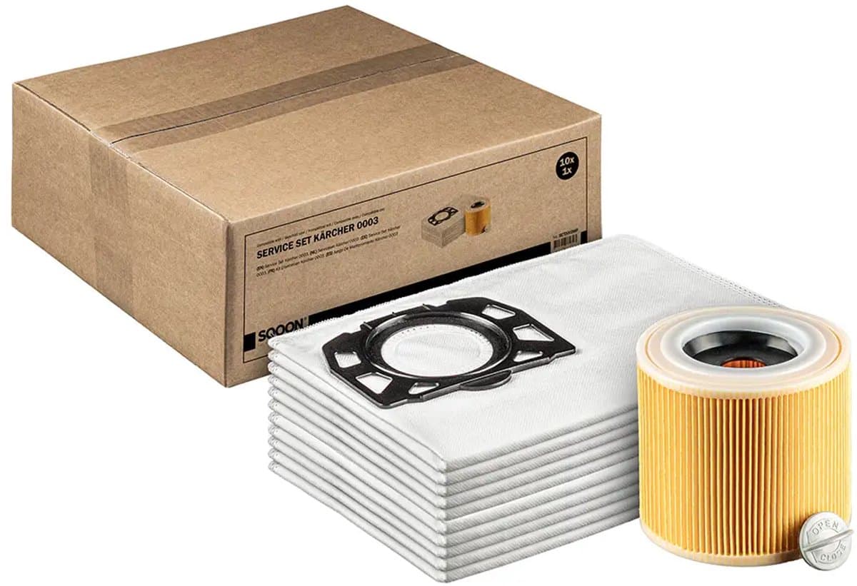 SQOON® Stofzuigerzakken + Filter Servicekit Geschikt voor Kärcher WD2 Plus & WD3 – 10x KFI357 Stofzuigerzakken + 1x Filter KFI 3310 — afbeelding 1