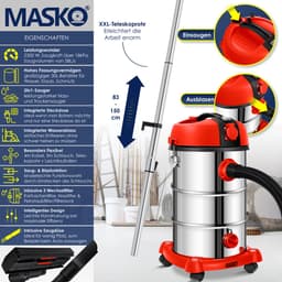MASKO® industriële stofzuiger nat-droog roestvrij staal 2300W + stopcontact | blaasfunctie | droog en nat zuigen | Push&Clean | industriële stofzuiger met en zonder zak | zakloos - Rood — thumbnail 5