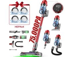 Hiaonyx steelstofzuiger - 9-in-1 steelstofzuiger draadloos - 75000pa - Met dierenborstel - LED Groene Stofdetectielamp - Dierenharen - Geschikt voor Tapijten - Harde Vloeren en Dierenharen - 2-liter stofopvangbox - Rood