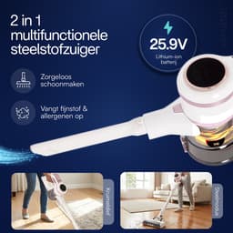 VANJOOL® Steelstofzuiger Draadloos – 120W Krachtige Accu Stofzuiger – 2-in-1 Kruimeldief – 9 kPa Zuigkracht – Zakloos – Inclusief 3 Opzetstukken – CleanDetect Technologie – Wit / Roze — thumbnail 3