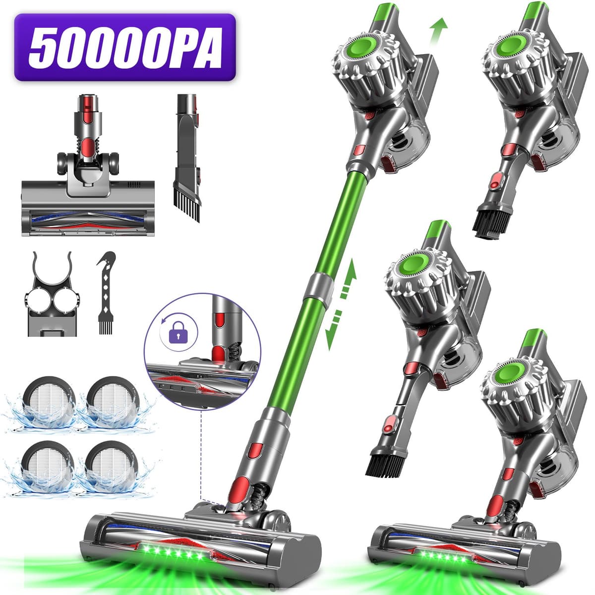 Adormii Steelstofzuiger Draadloos – 50000Pa Sterke Zuigkracht – 60 Min Accuduur – Anti-haarwikkel Vloerborstel – 4 HEPA-filters – 1,6 L Stofreservoir – Groene LED Stofdetectieverlichting – Goud — afbeelding 1