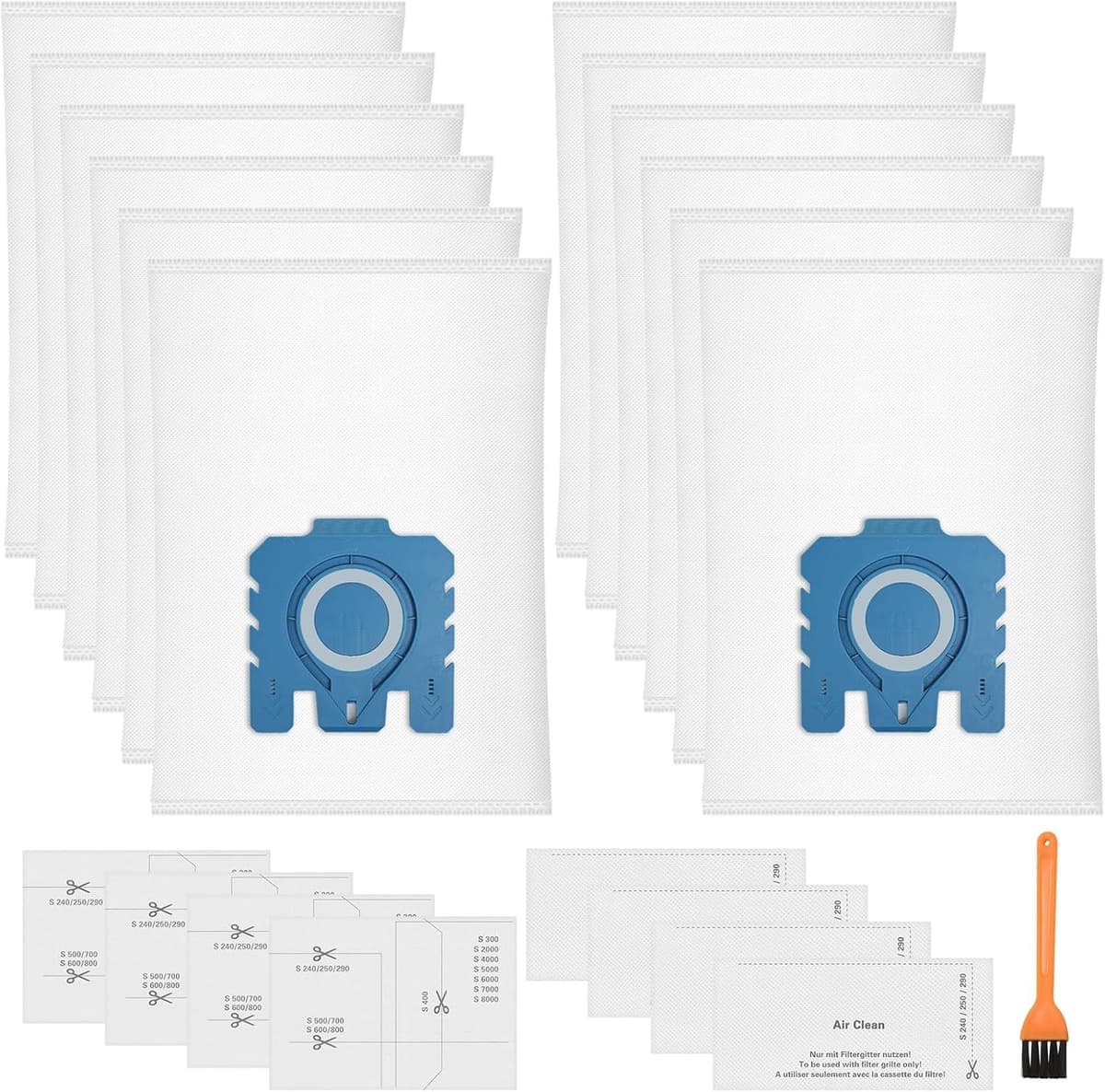 Set van 17 stuks, bestaande uit 12 Pure GN 3D-stofzakken, 4 sets filterkatoen en 1 borstel – geschikt voor Miele HyClean GN Classic C1, Complete C2, Complete C3 en de stofzuigers uit de S2-, S5-, S8-, S800- en S600-serie — afbeelding 1