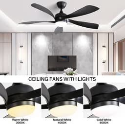 MODENUIT Plafondventilator Met Led-Verlichting 132 Cm - 3 Lichtkleuren - Afstandsbediening, 6 Snelheden, Timer - Voor Woonkamer En Slaapkamer - Abs - Zwart — thumbnail 2