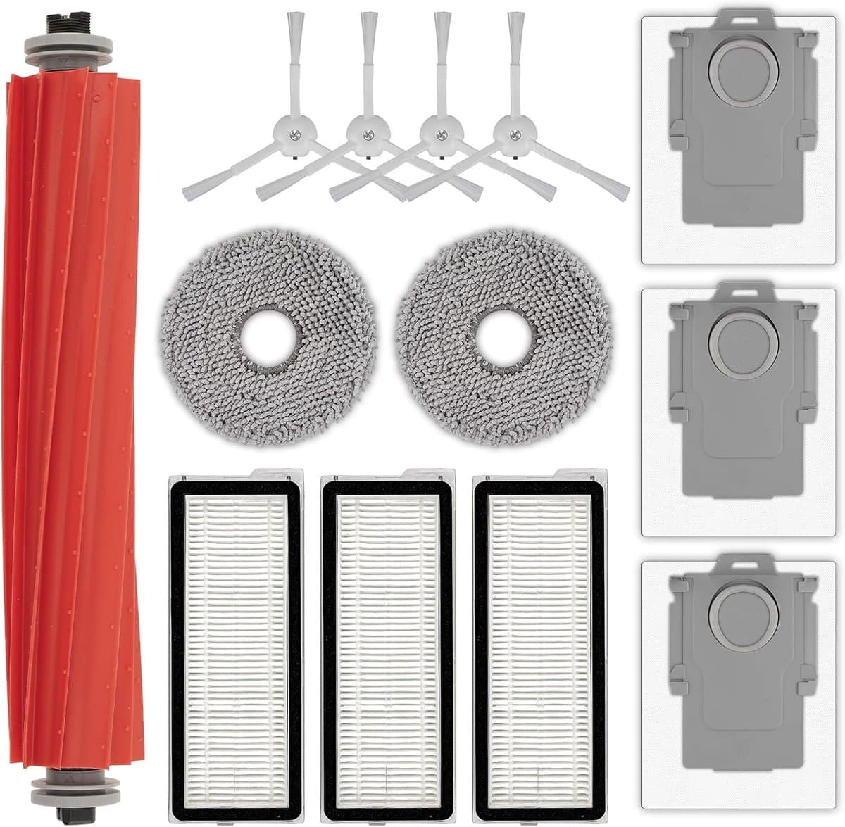 13 stuks Vervangende onderdelen - Voor Roborock Qrevo S, Qrevo Pro, Qrevo MaxV, QRevo Plus , P10 PRO , P10S , P10 PURE - 1 rolborstel, 4 witte zijborstels, 3 stofzakken, 3 HEPA-filters, 2 dweilpads — afbeelding 1