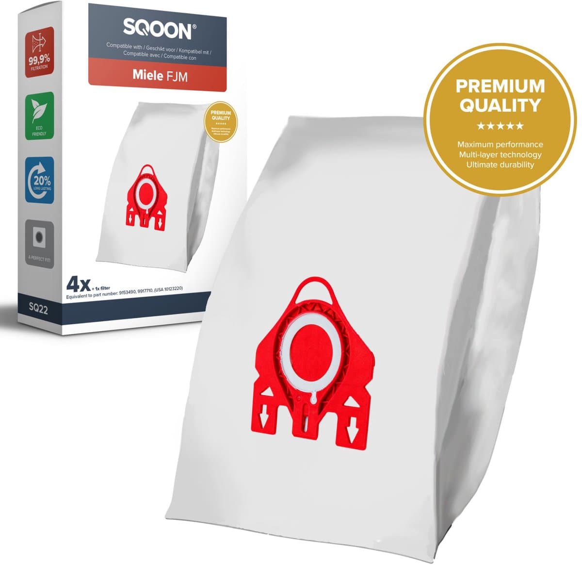 SQOON® Stofzuigerzakken Geschikt voor Miele FJM Series – Vervangt Model 9917710 – High Filtration voor Optimale Stofopname en Hygiëne - (SQ02) - 4 Stuks — afbeelding 1